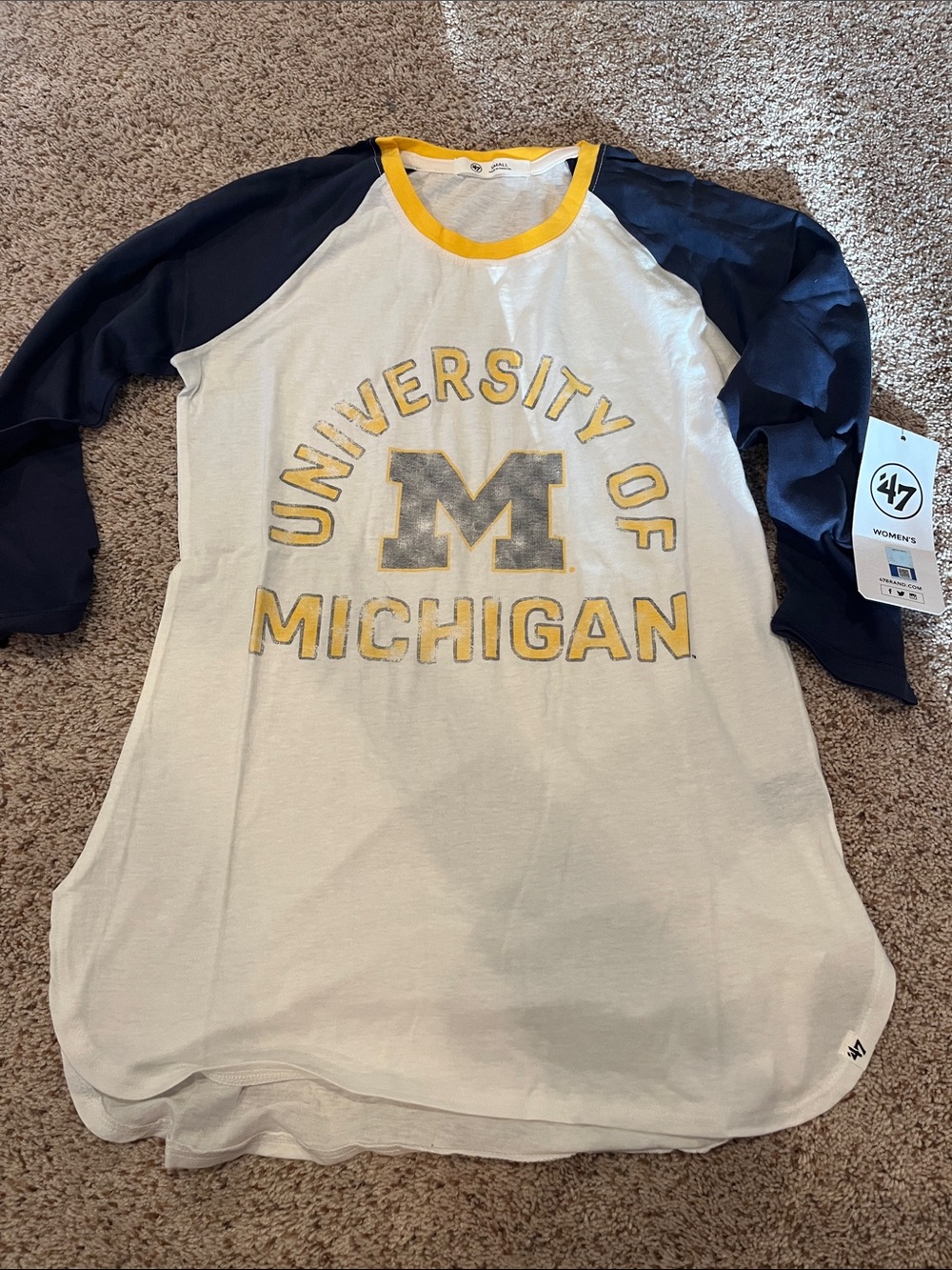 '47 Women's University of Michigan Raglan Tee - White, Navy & Maize